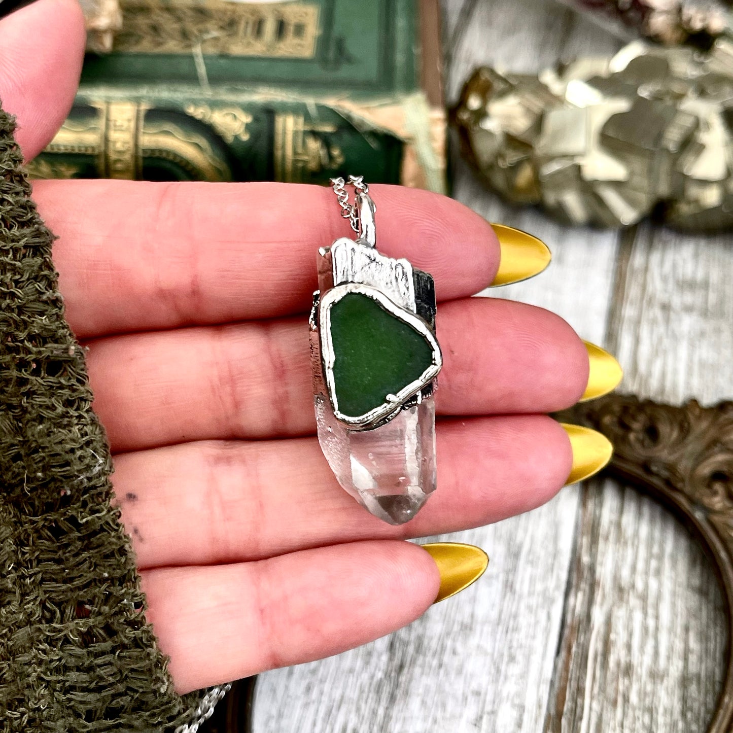 Clear Quartz & Green Sea Glass Crystal Statement Necklace in Fine Silver / Foxlark Collection - One of a Kind