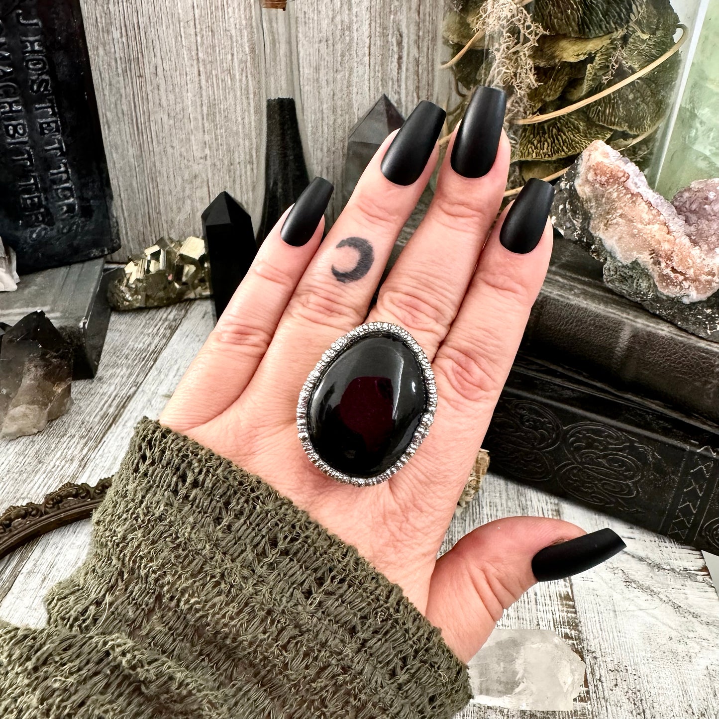 Large Black Obsidian Ring Silver Size 9/ Foxlark Crystal Jewelry Collection