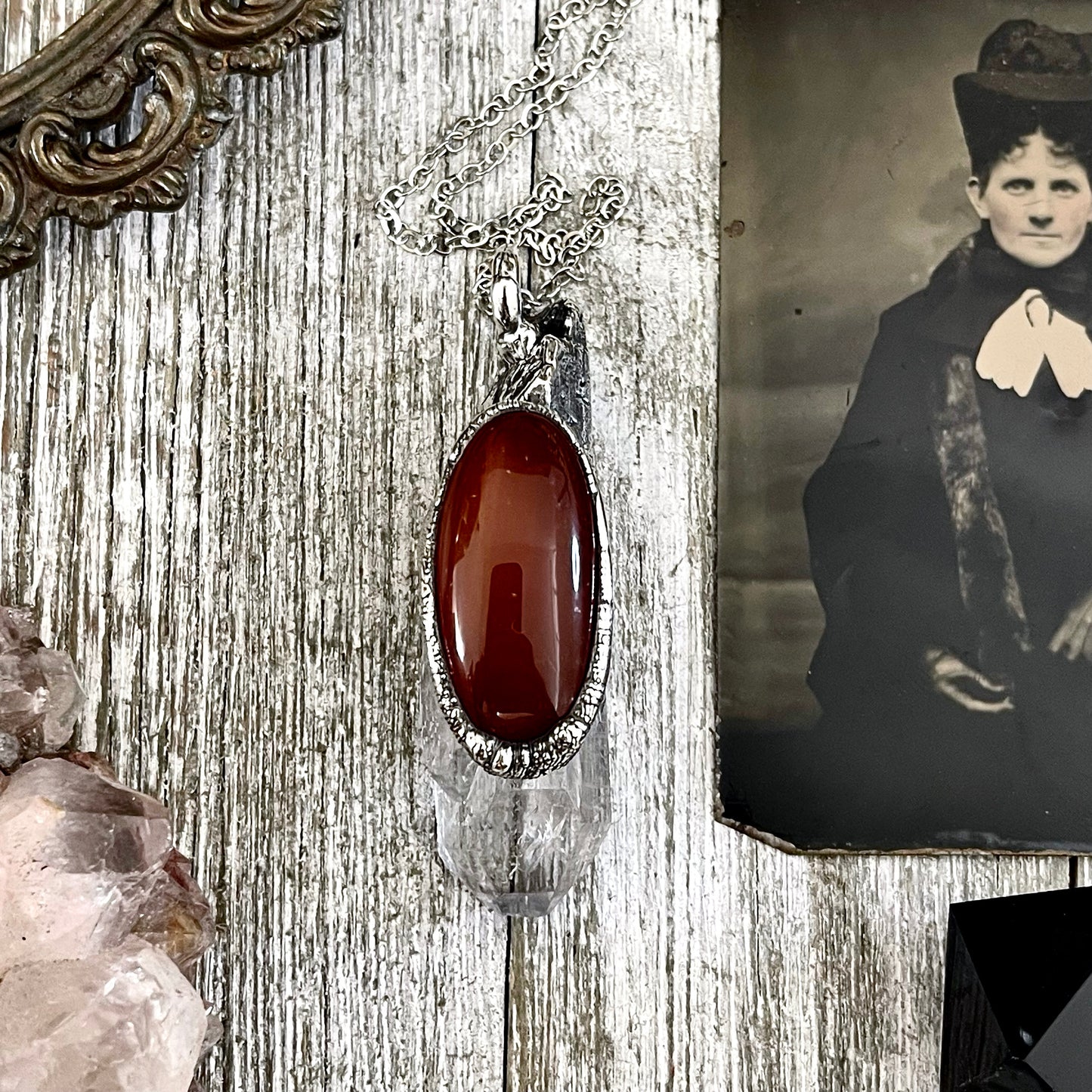 Large Raw Clear Quartz & Carnelian Crystal Statement Necklace in Fine Silver / Foxlark Collection - One of a Kind