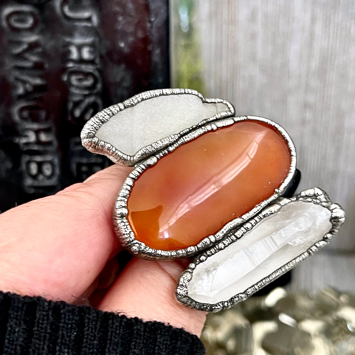 Size 9 Crystal Ring - Three Stone Ring Sea Glass Carnelian Clear Quartz Ring in Silver / Foxlark Collection - One of a Kind