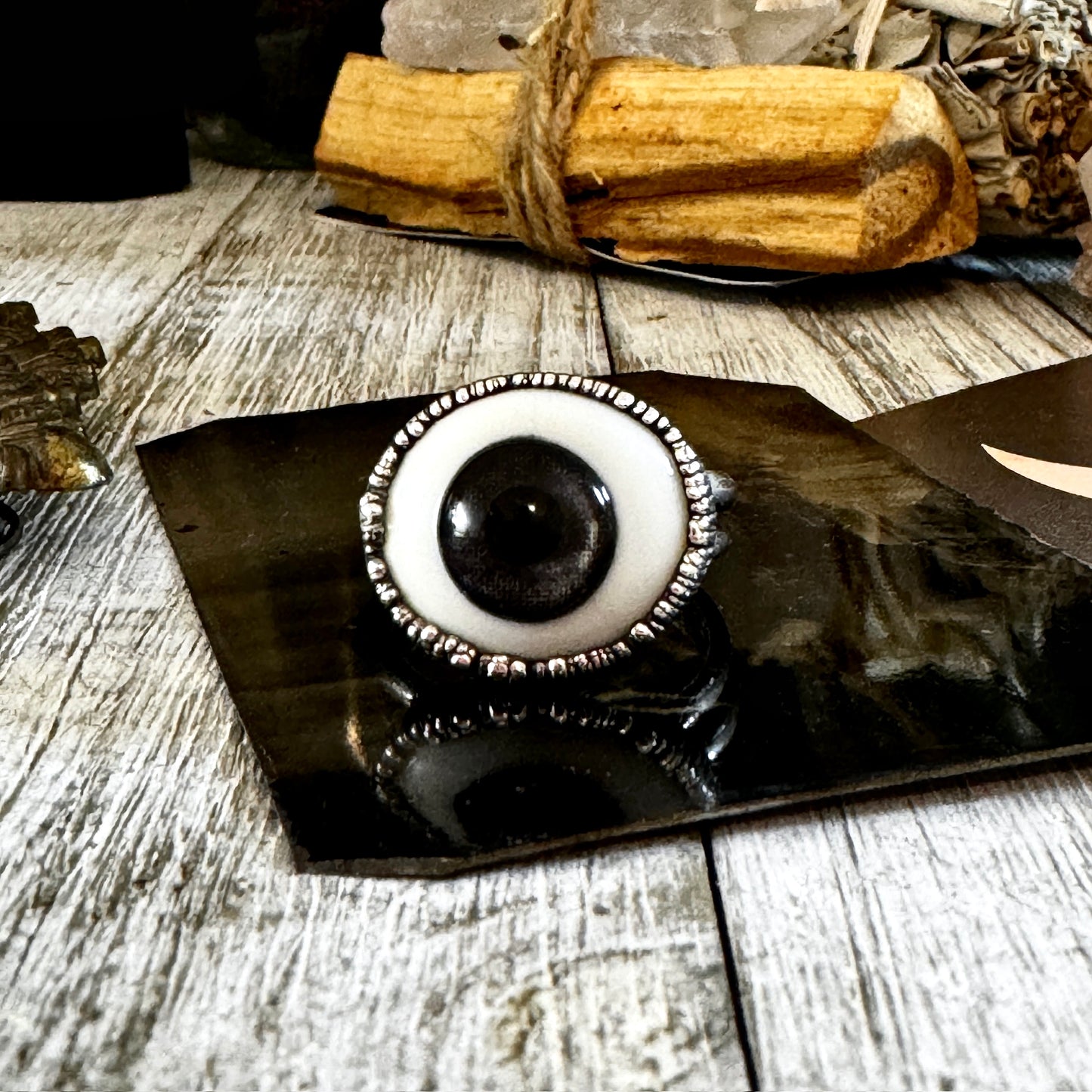 Grey Iris Glass Eye Statement Ring Silver Size 11  / Foxlark Collection