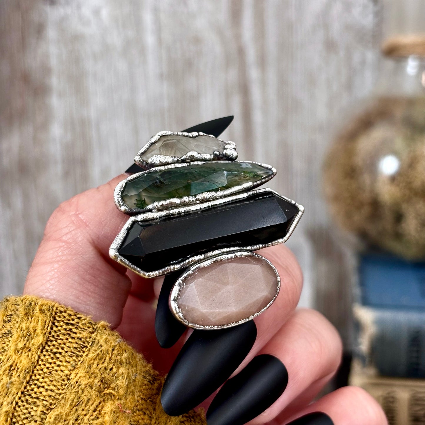 Multi Stone Clear Quartz Moss Agate Black Obsidian Peach Moonstone Ring In Silver Size 10 / Foxlark Collection