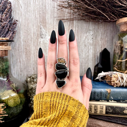 Multi Stone Black Obsidian Citrine  Ring In Silver Size 7 / Foxlark Collection