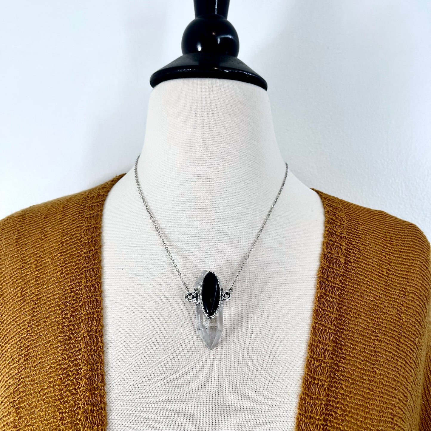 Clear Quartz & Black Onyx Crystal Statement Necklace in Fine Silver / Foxlark Collection - One of a Kind