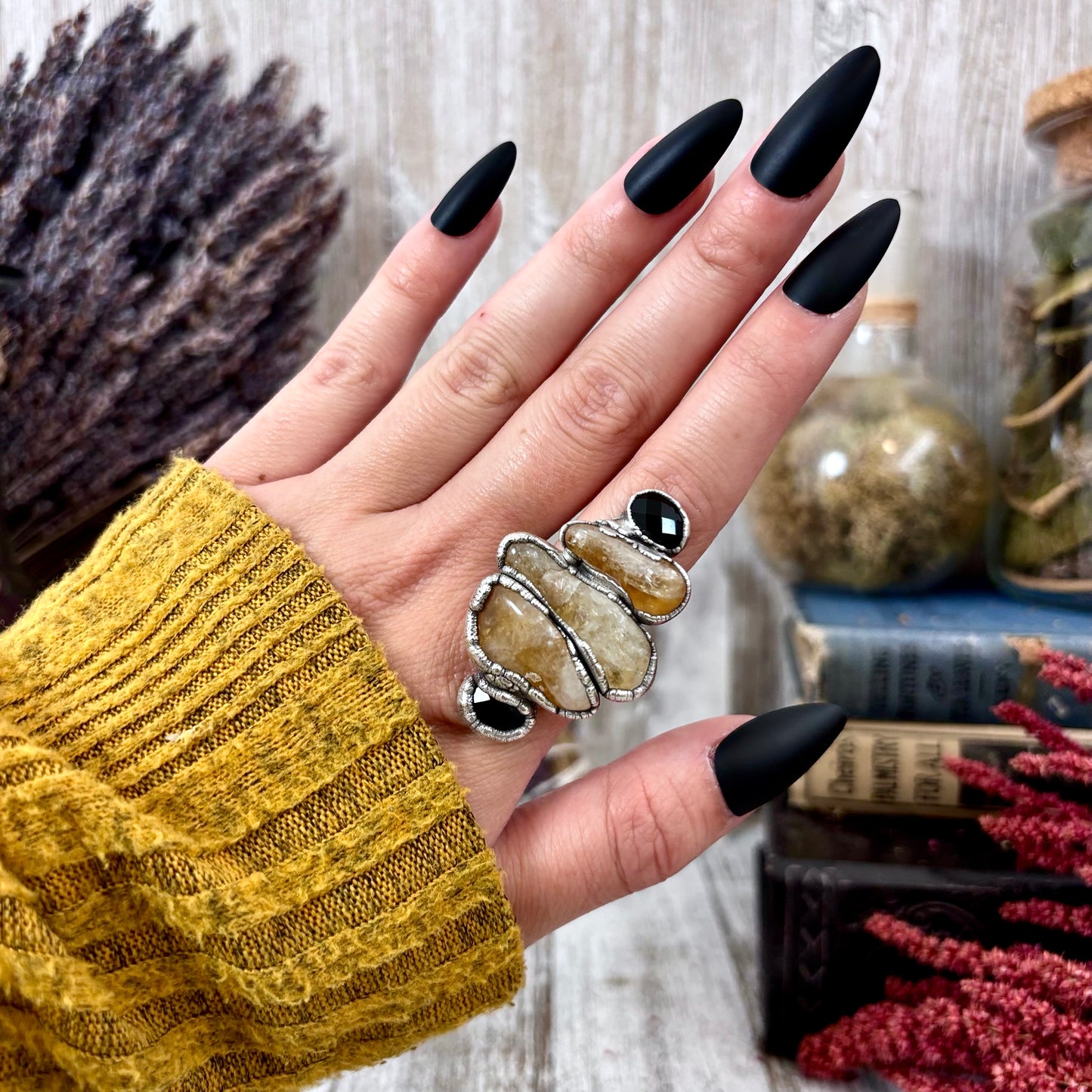 Multi Stone Citrine Black Onyx Ring In Silver Size 9 / Foxlark Collection