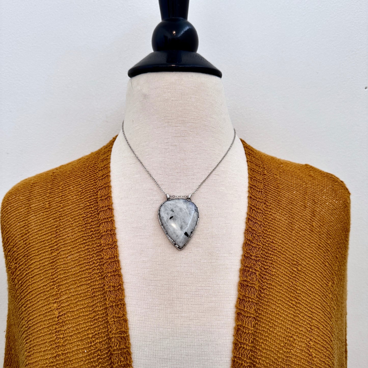 Big Rainbow Moonstone with Black Tourmaline Necklace in Fine Silver / Foxlark Collection - One of a Kind