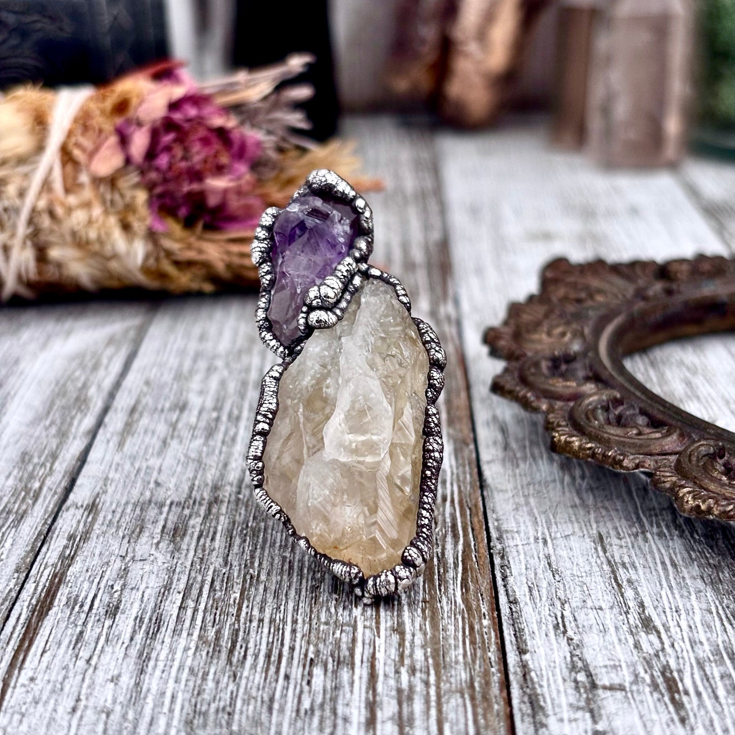 Two Stone Raw Amethyst and Citrine Ring in Fine Silver Size 7.5 / Foxlark Collection - One of a Kind