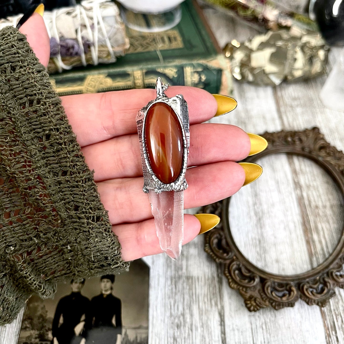 Large Raw Clear Quartz & Carnelian Crystal Statement Necklace in Fine Silver / Foxlark Collection - One of a Kind