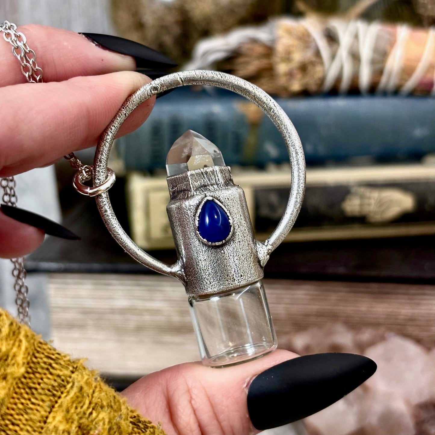 Clear Quartz and Glass Accent Bead Crystal Necklace / Silver Rollerball Necklace