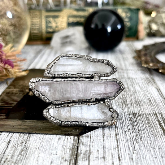 Size 10 Big Crystal Ring - Three Stone Clear Quartz Vera Cruz Amethyst Ring / Foxlark Collection - One of a Kind Jewelry