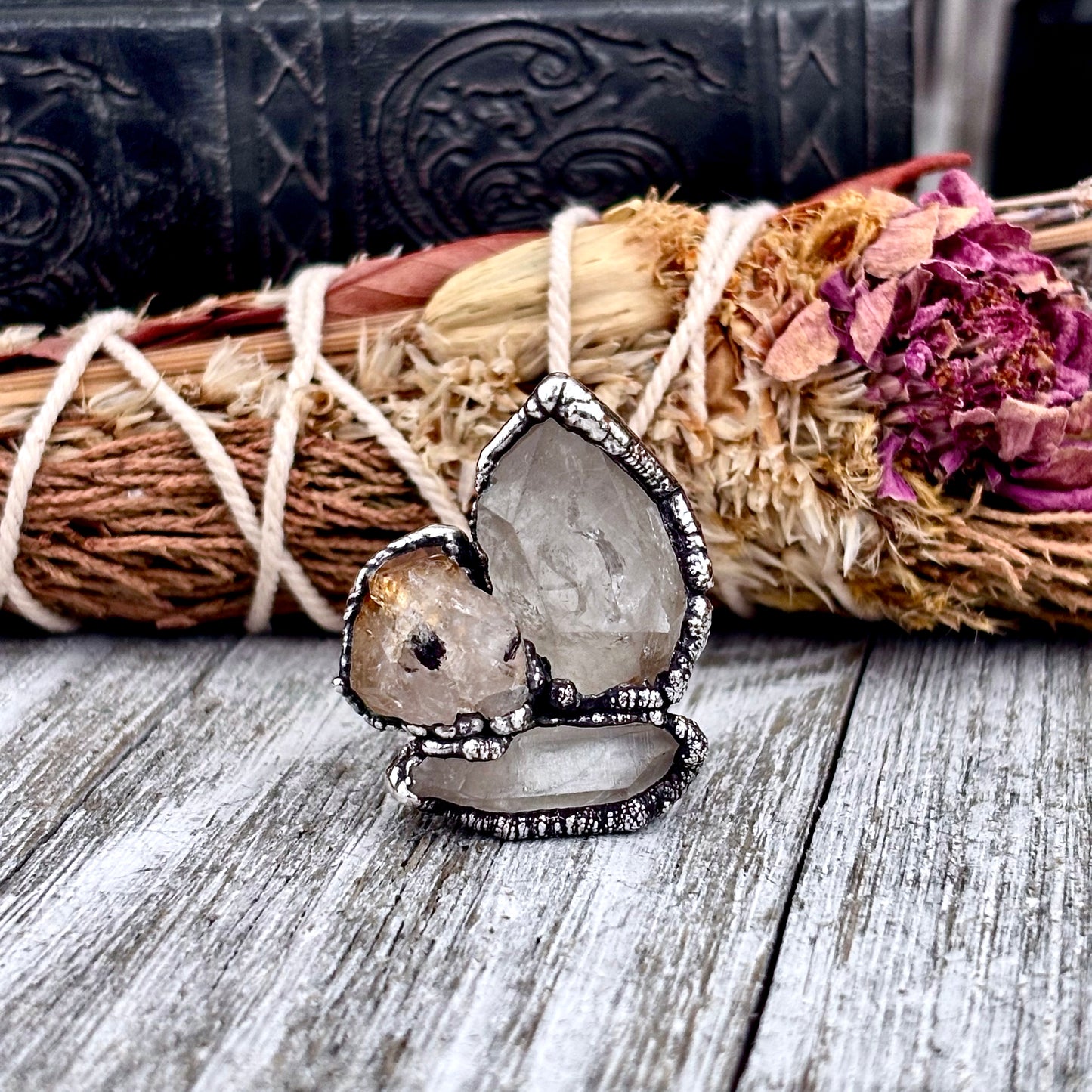 Three Stone Raw Citrine Clear Quartz Herkimer Diamond Ring In Silver Size 8 / Foxlark Collection