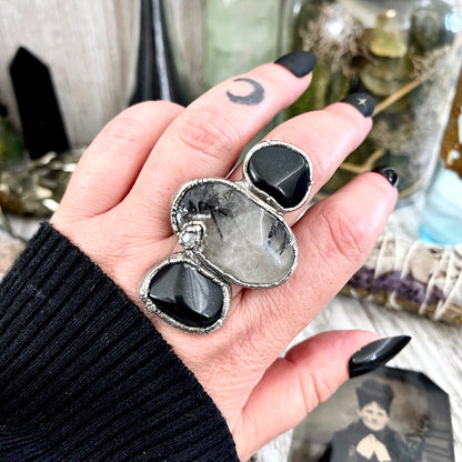 Size 8 Crystal Ring - Three Stone Ring Black Onyx Tourmaline Quartz Herkimer Diamond Ring Silver / Foxlark Collection - One of a Kind