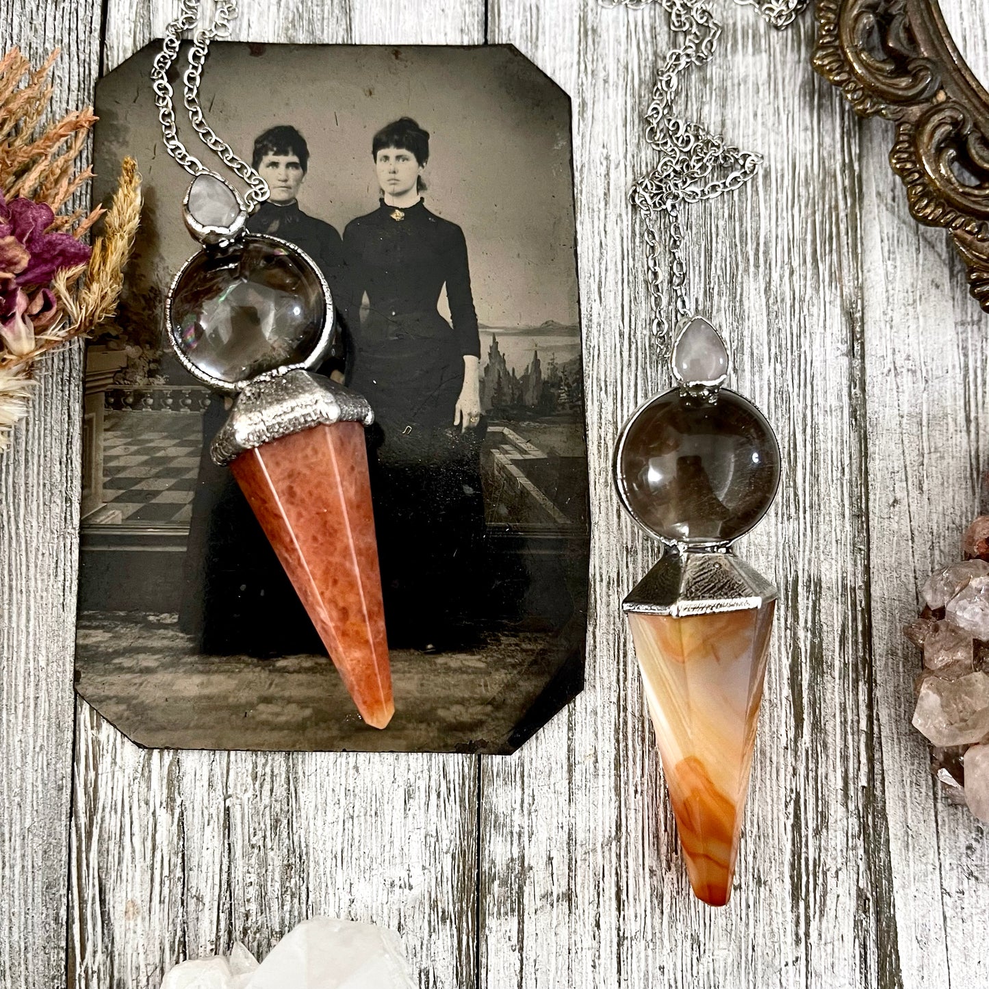 Clear Quartz Sphere Carnelian Pendulum Necklace Pendant in Fine Silver  / Foxlark Collection