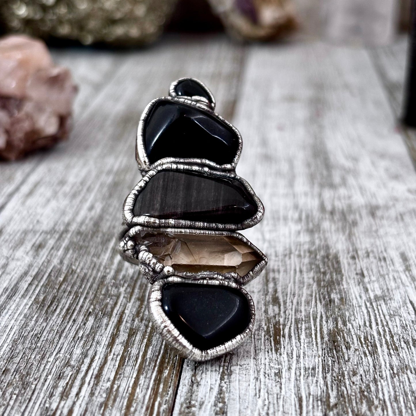 Multi Stone Black Obsidian Onyx Smoky Quartz Ring In Silver Size 9 / Foxlark Collection