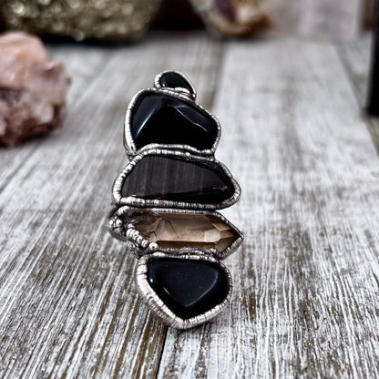 Multi Stone Black Obsidian Onyx Smoky Quartz Ring In Silver Size 9 / Foxlark Collection
