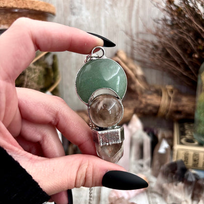 Green Aventurine Moon, Clear Quartz Crystal ball, Garden Quartz Necklace in Fine Silver / Foxlark Collection - One of a Kind