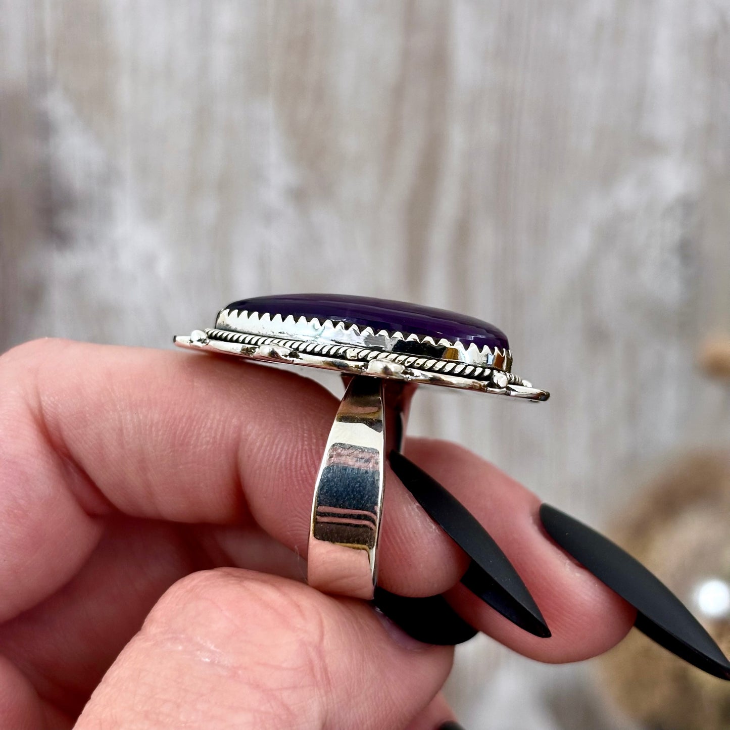 Amethyst Heart Crystal Statement Ring in Sterling Silver- Designed by FOXLARK Collection Adjusts to size 6,7,8,9, 10 / Gothic Jewelry