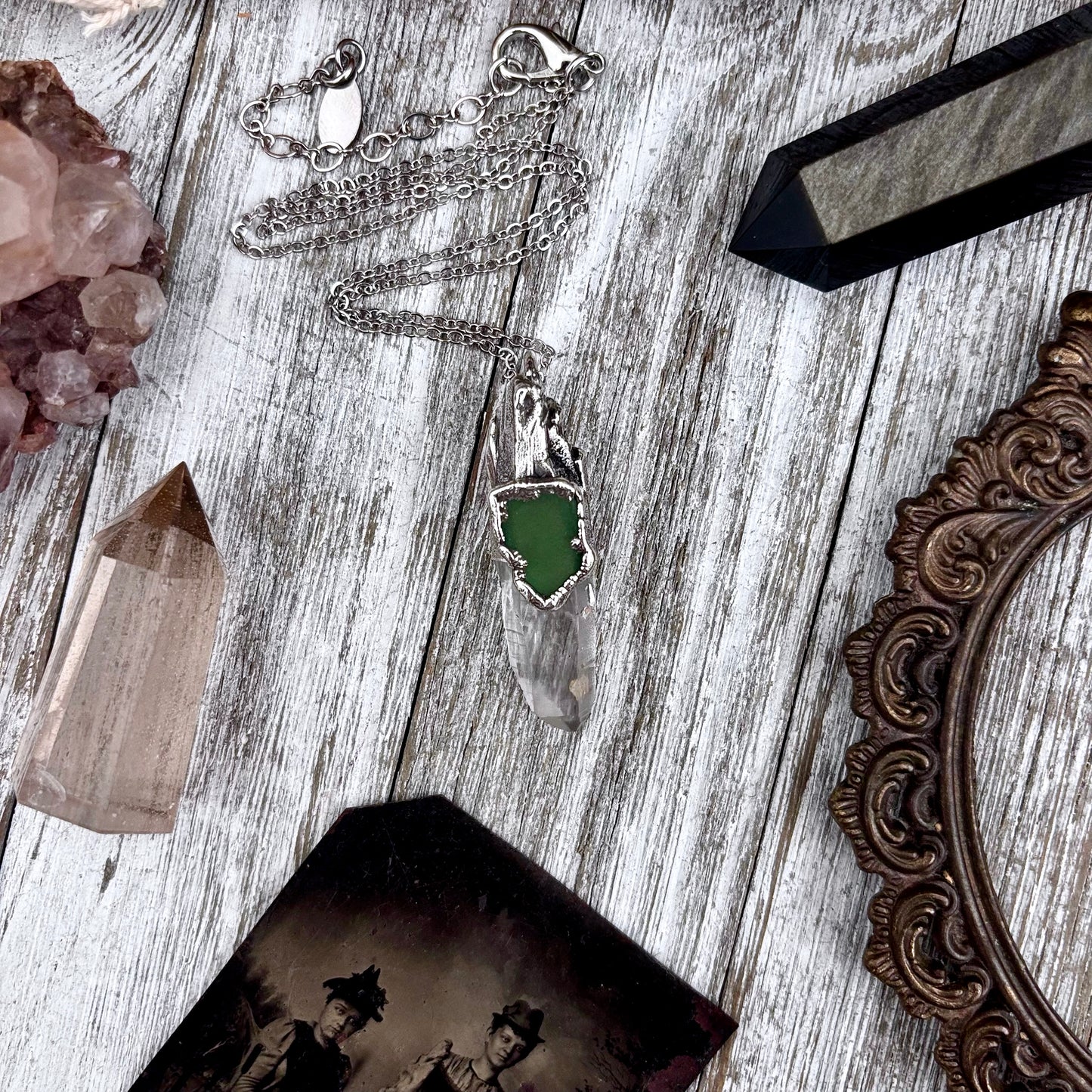 Clear Quartz & Green Sea Glass Crystal Statement Necklace in Fine Silver / Foxlark Collection - One of a Kind