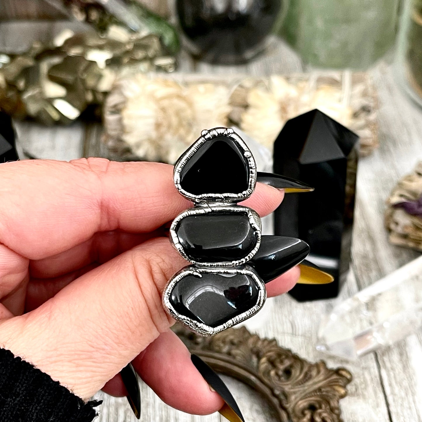 Size 8 Crystal Ring - Three Stone Black Onyx Ring in Silver / Foxlark Collection - One of a Kind