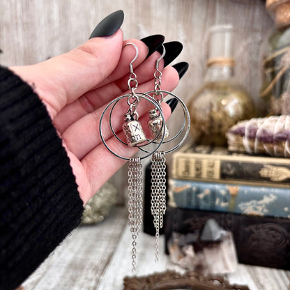 Silver Moonshine Bottle Earrings Stainless Steel Hoop and Fringe / Long Dangle Punk Earrings