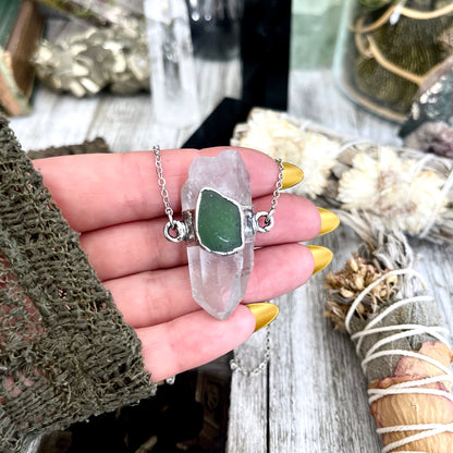 Clear Quartz & Green Sea Glass Crystal Statement Necklace in Fine Silver / Foxlark Collection - One of a Kind