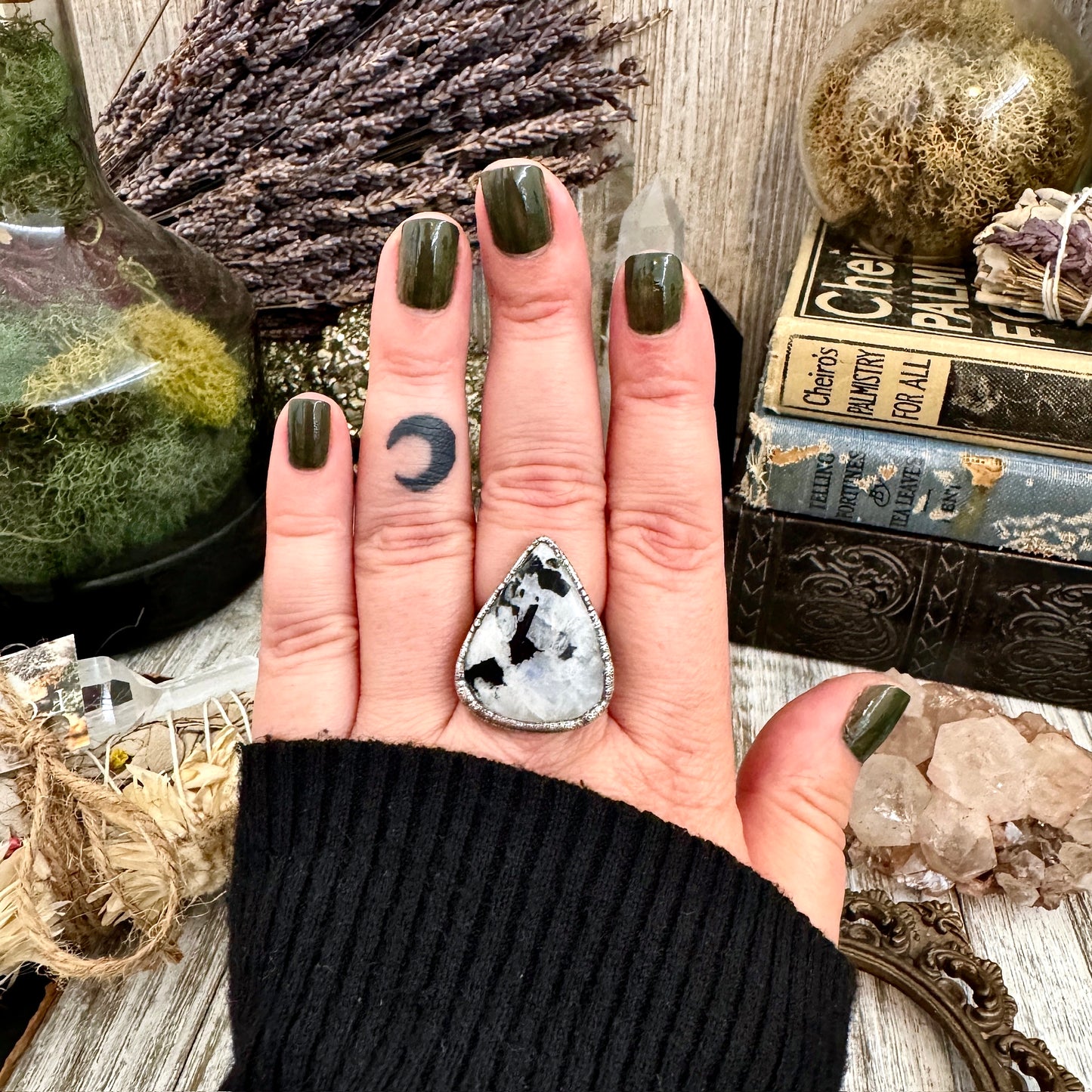 Rainbow Moonstone with Black Tourmaline Ring Silver Size 9 / Foxlark Collection