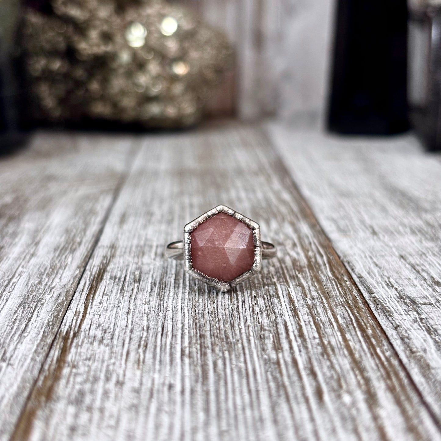 Peach Moonstone Ring Fine Silver Small Faceted Stone Ring Size 5 6 7 8 9 10 11 / Foxlark Collection
