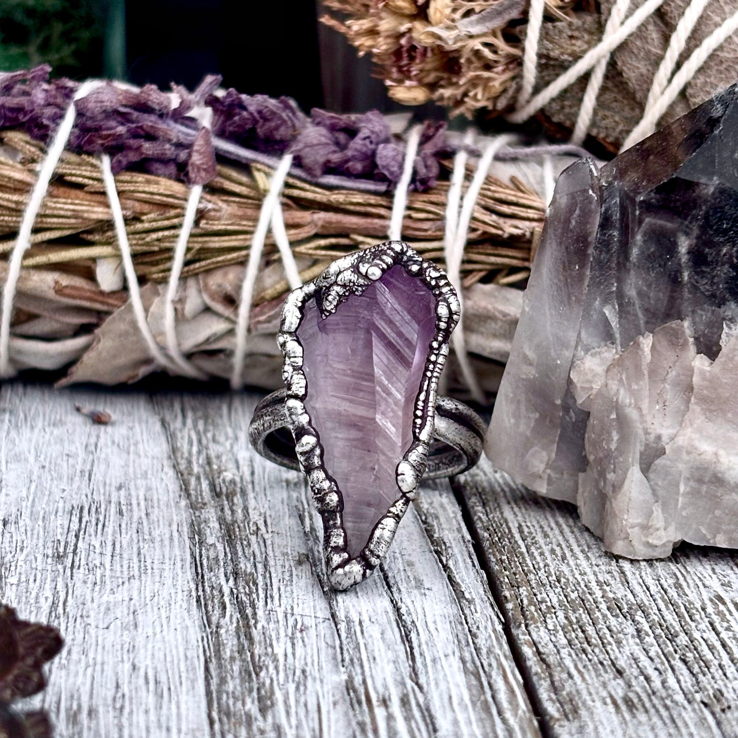 Raw Amethyst Crystal  Ring Set in Fine Silver Size 10 / Foxlark Collection - One of a Kind