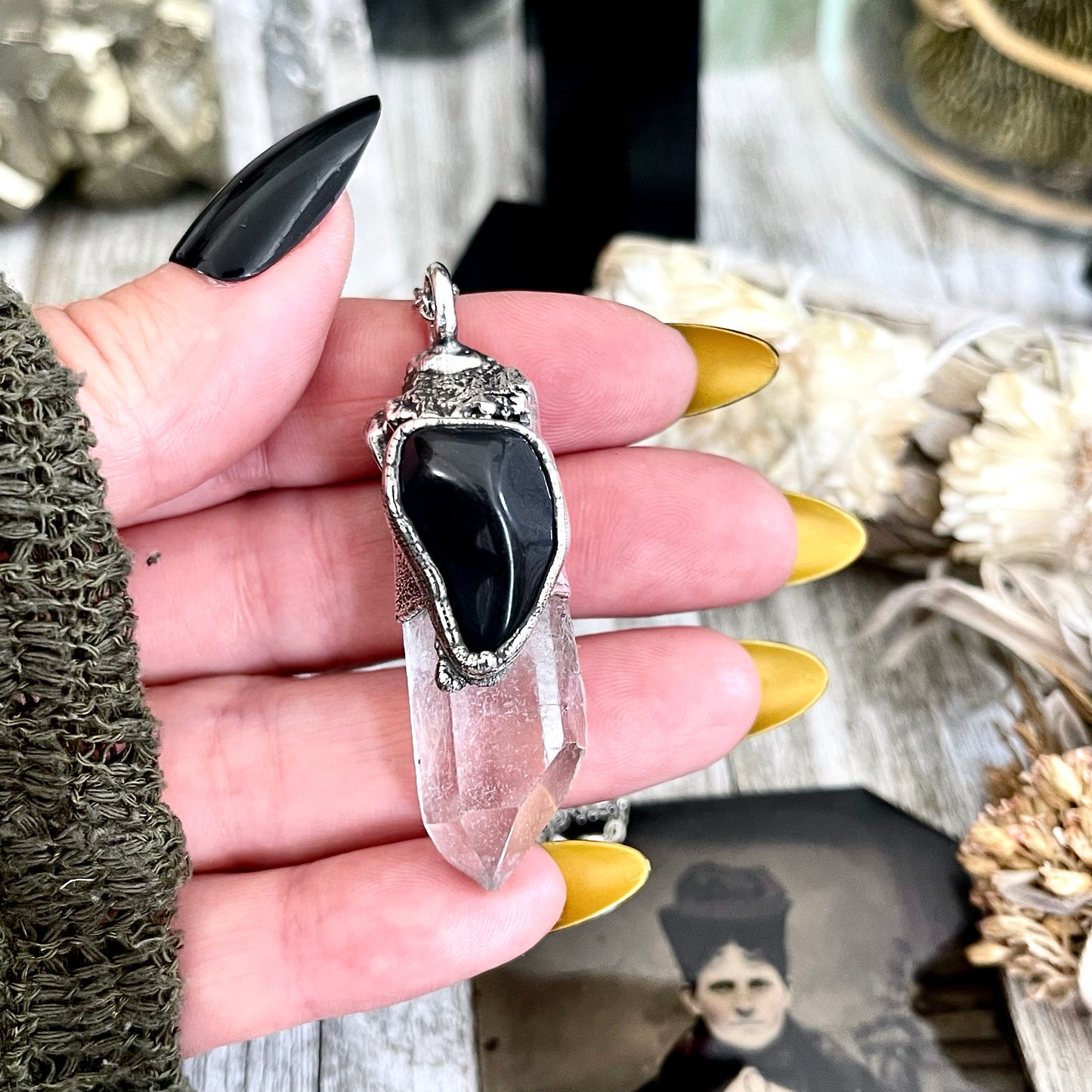 Large Raw Clear Quartz & Black Onyx Crystal Statement Necklace in Fine Silver / Foxlark Collection - One of a Kind