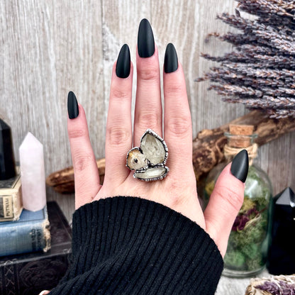 Three Stone Raw Citrine Clear Quartz Herkimer Diamond Ring In Silver Size 8 / Foxlark Collection