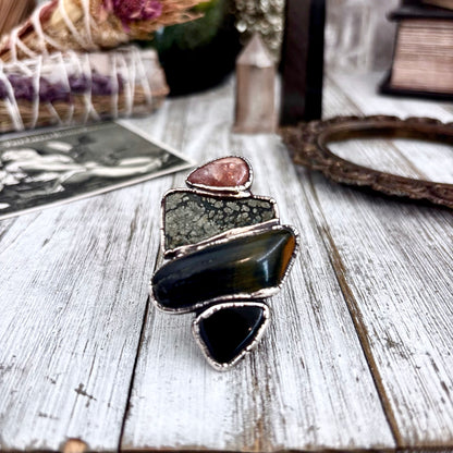Multi Stone Obsidian Marcasite Blue Tigers Eye Sun Stone Ring In Silver Size 8 / Foxlark Collection