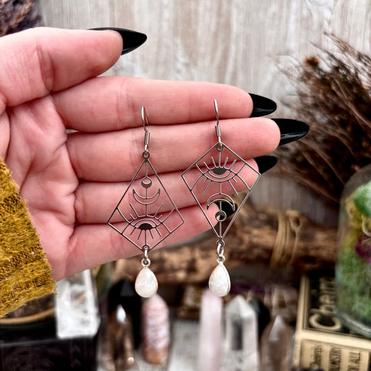 Geometric Eye and Rainbow Moonstone Sterling Silver & Stainless Steel Earrings