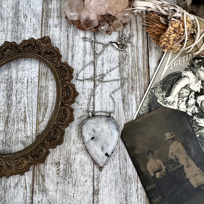 Big Rainbow Moonstone with Black Tourmaline Necklace in Fine Silver / Foxlark Collection - One of a Kind