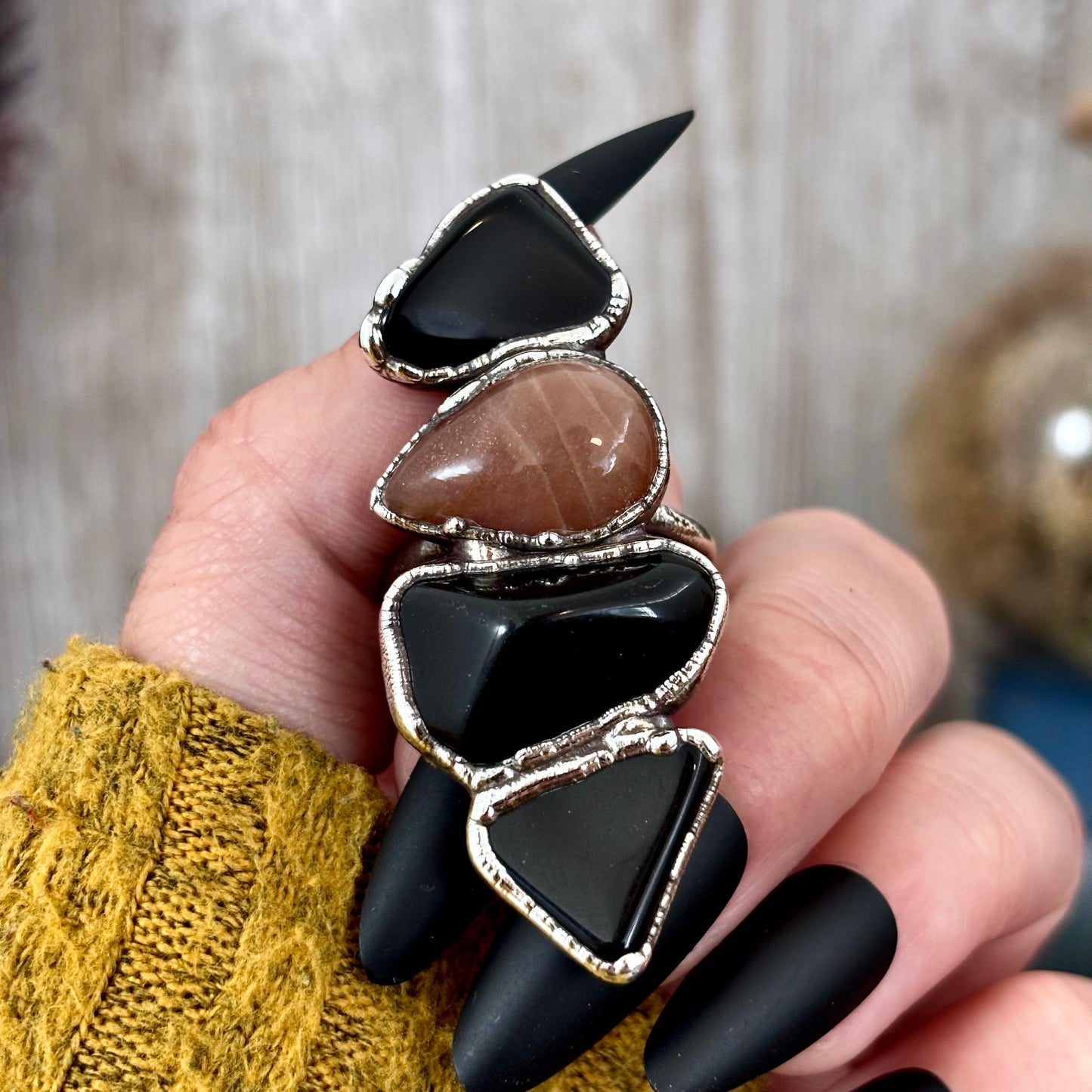 Multi Stone Black Obsidian Sun Stone Ring In Silver Size 10 / Foxlark Collection