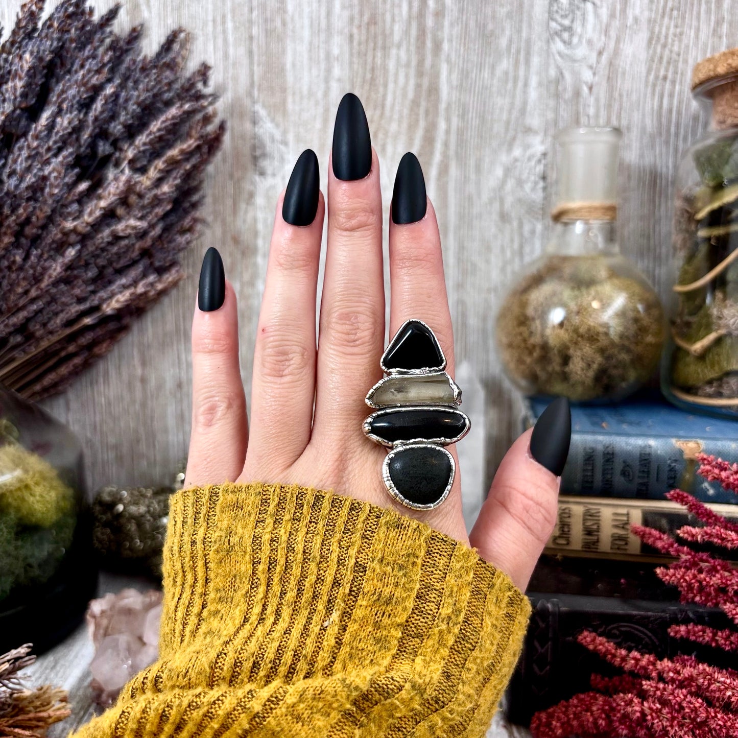 Multi Stone Black Obsidian Smoky Quartz River Rock Ring In Silver Size 7 / Foxlark Collection
