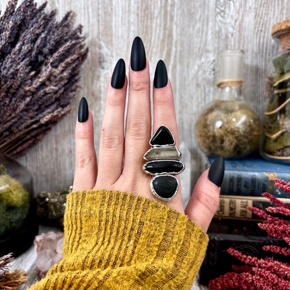 Multi Stone Black Obsidian Smoky Quartz River Rock Ring In Silver Size 7 / Foxlark Collection