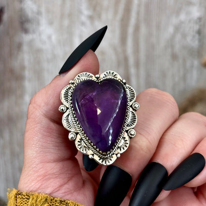 Amethyst Heart Crystal Statement Ring in Sterling Silver- Designed by FOXLARK Collection Adjusts to size 6,7,8,9, 10 / Gothic Jewelry