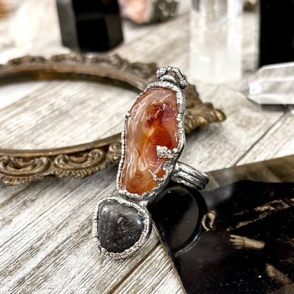 Size 8.5 Big Crystal Ring - Three Stone Red Carnelian Herkimer Black Onyx Silver Ring / Foxlark Collection - One of a Kind Jewelry