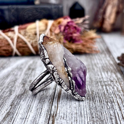 Two Stone Raw Amethyst and Citrine Ring in Fine Silver Size 10 / Foxlark Collection - One of a Kind