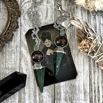 Smokey Quartz Sphere Bloodstone Pendulum Necklace Pendant in Fine Silver  / Foxlark Collection