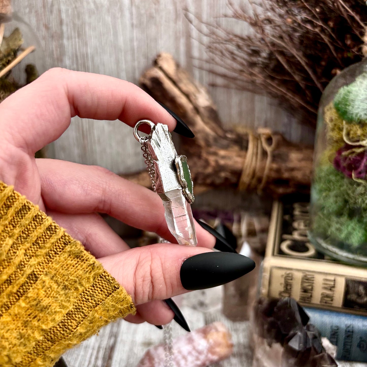 Clear Quartz & Green Sea Glass Crystal Statement Necklace in Fine Silver / Foxlark Collection - One of a Kind