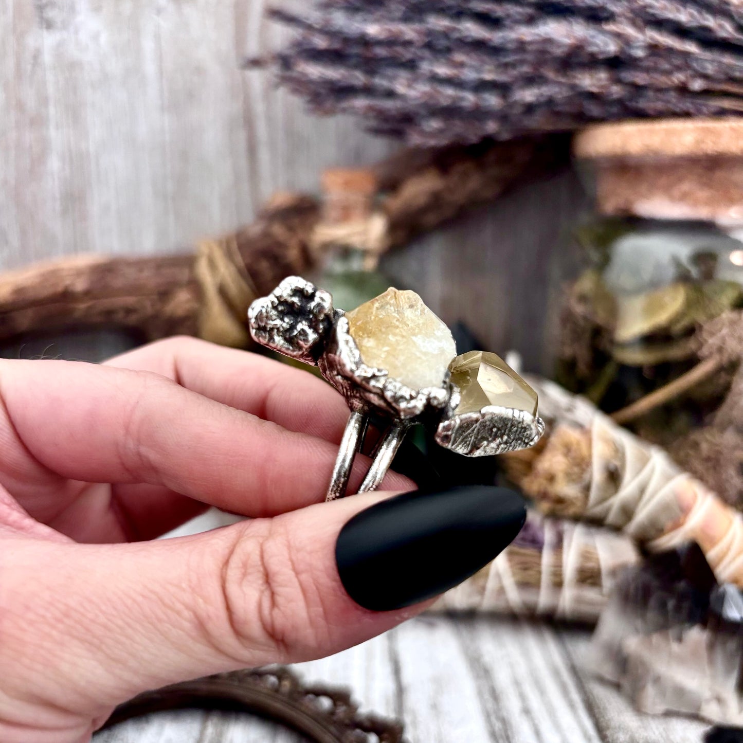 Three Stone Raw Citrine Clear Quartz Ring In Silver Size 9 / Foxlark Collection