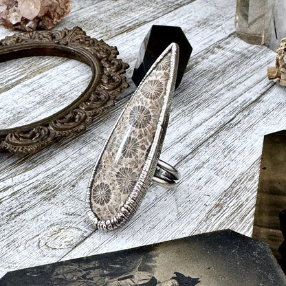 Big Fossilized Coral Crystal Ring Fine Silver Size 9.5 / Foxlark Collection - One of a Kind