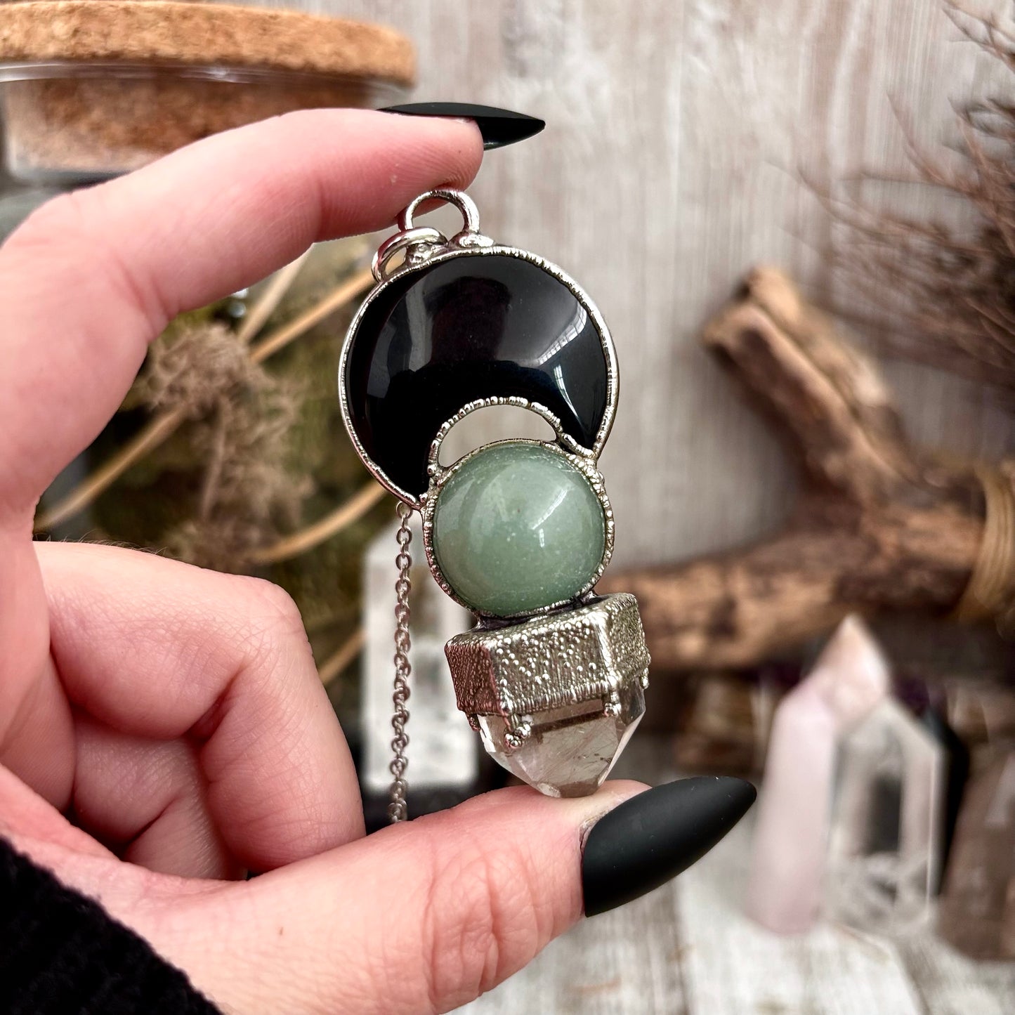 Black Onyx Moon, Green Aventurine Crystal ball, Clear Quartz Necklace in Fine Silver / Foxlark Collection - One of a Kind