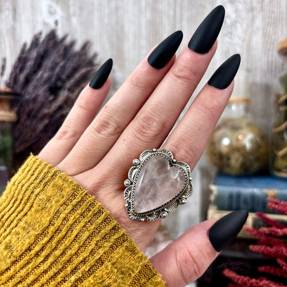 Rose Quartz Heart Crystal Statement Ring in Sterling Silver- Designed by FOXLARK Collection Adjusts to size 6,7,8,9, 10 / Gothic Jewelry