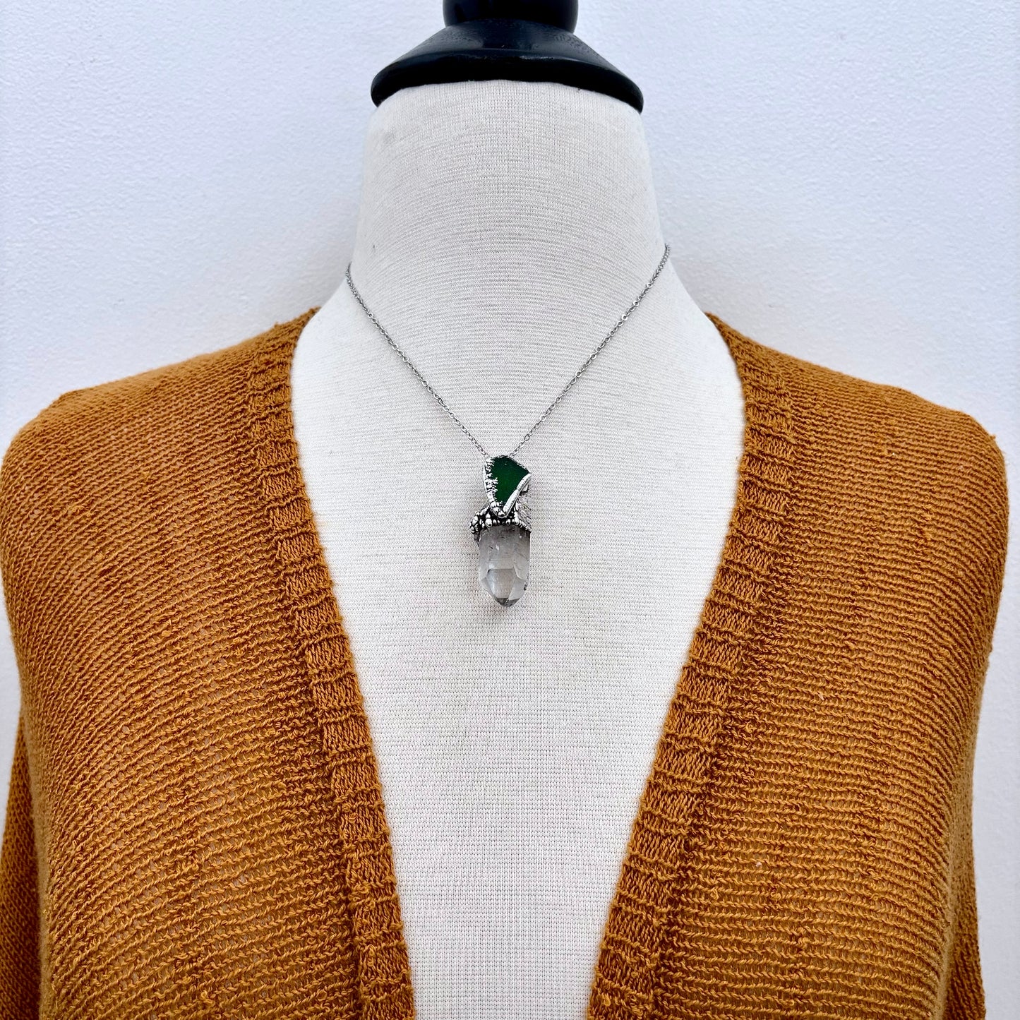 Clear Quartz & Green Sea Glass Crystal Statement Necklace in Fine Silver / Foxlark Collection - One of a Kind