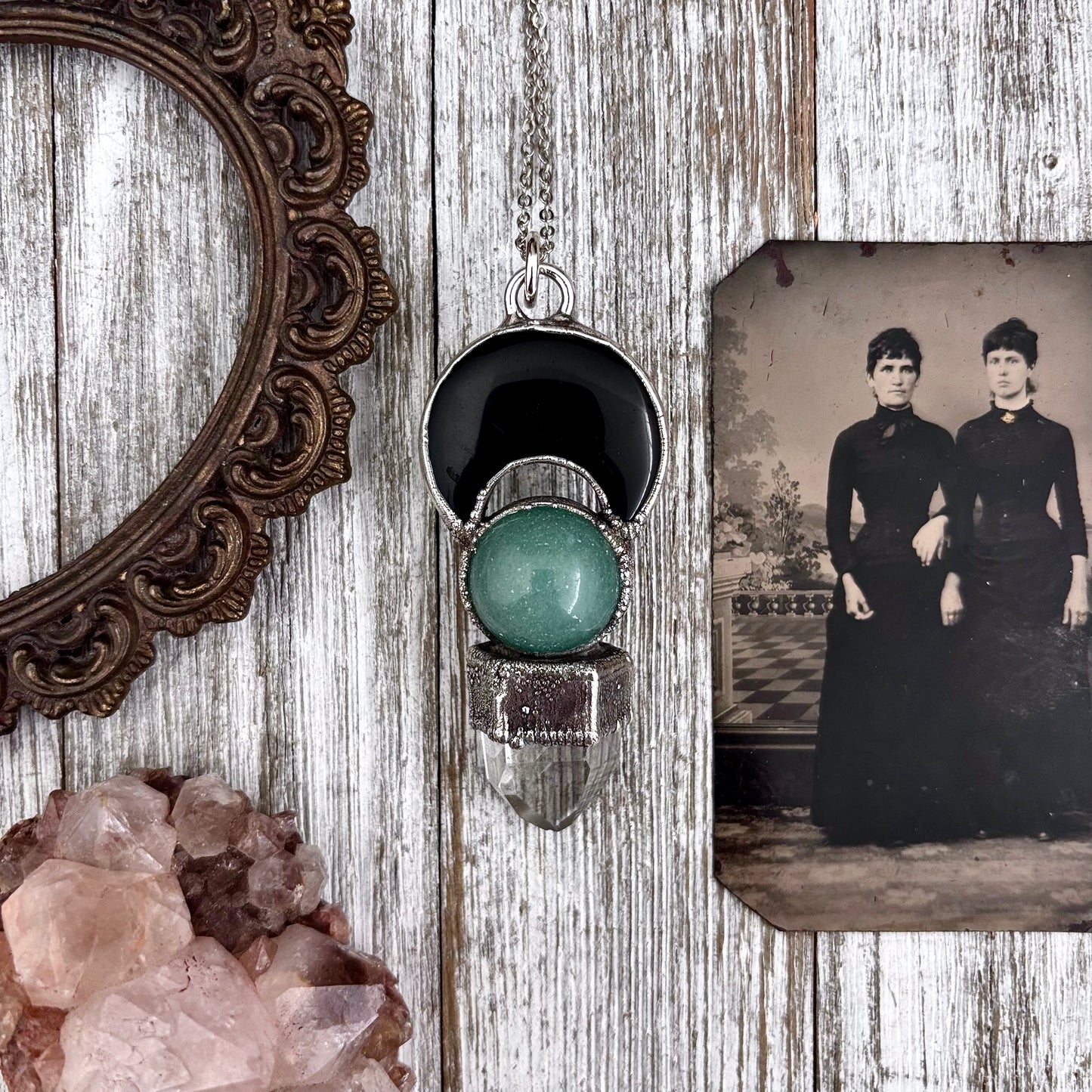 Black Onyx Moon, Green Aventurine Crystal ball, Clear Phantom Quartz Necklace in Fine Silver / Foxlark Collection - One of a Kind