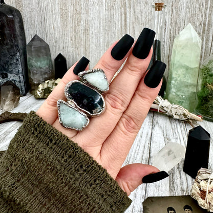 Three Stone Ring Aquamarine Moss Agate Ring In Silver Size 7/ Foxlark Collection