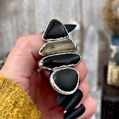 Multi Stone Black Obsidian Smoky Quartz River Rock Ring In Silver Size 7 / Foxlark Collection