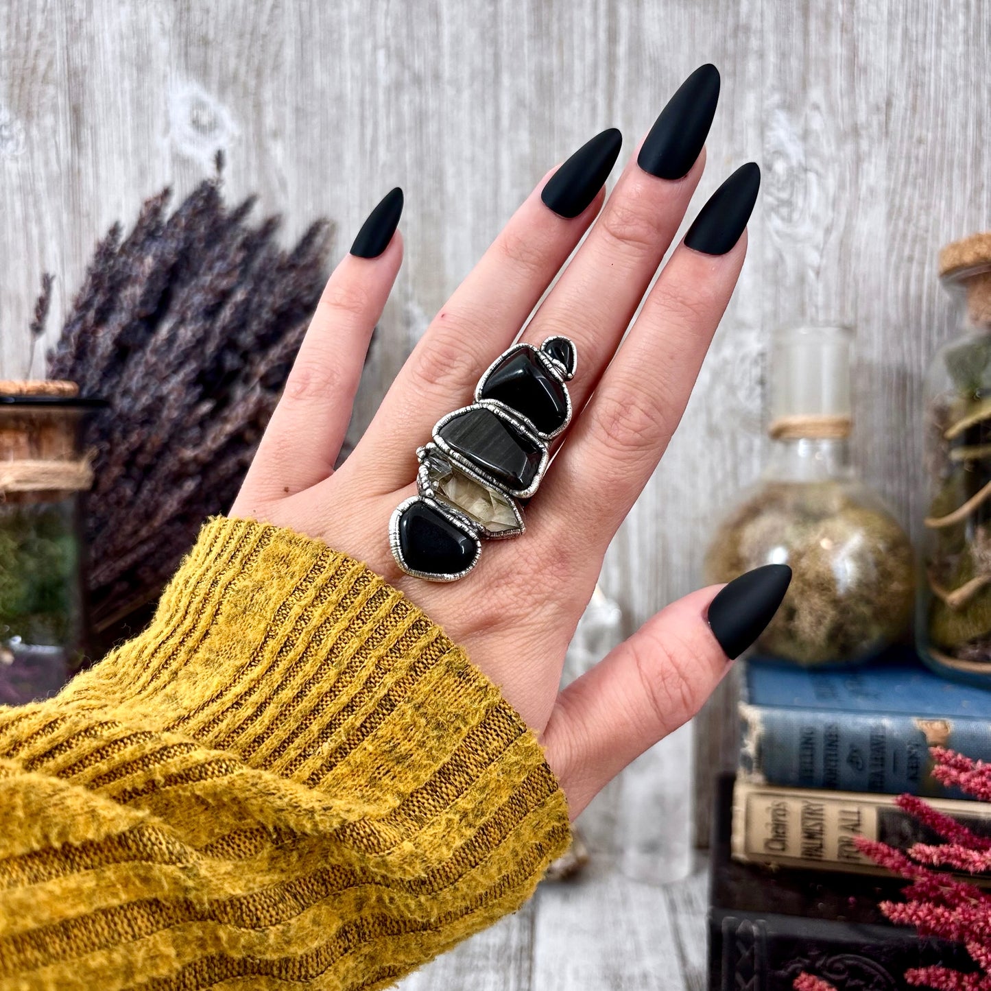 Multi Stone Black Obsidian Onyx Smoky Quartz Ring In Silver Size 9 / Foxlark Collection